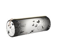 ESNAIUVCD Black Gray Butterflies Print Leather Cylindrical Zipper Pencil Case -Pu Leather, Multifunctional Stationery Storage, Suitable for Students