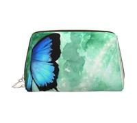 ESNAIUVCD Blue Butterfly Pattern Print Makeup Bag, Cosmetic Bag,Women Pu Leather Cosmetic Bags with Wrist Strap Travel Toiletry Pouch Makeup Bag