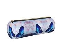 ESNAIUVCD Blue Butterfly Print Leather Cylindrical Zipper Pencil Case -Pu Leather, Multifunctional Stationery Storage, Suitable for Students
