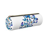 ESNAIUVCD Blue Butterfly Print Leather Cylindrical Zipper Pencil Case -Pu Leather, Multifunctional Stationery Storage, Suitable for Students