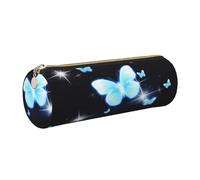 ESNAIUVCD Blue Butterfly Print Leather Cylindrical Zipper Pencil Case -Pu Leather, Multifunctional Stationery Storage, Suitable for Students