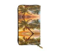 ESNAIUVCD Coconut Tree Under Sunset Print Genuine Leather Women's,Men's Wallets,Multi-Functionclutch Purse,Zip Around Large Travel â€‹Mobile Phone Long â€‹Money Purses