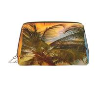 ESNAIUVCD Coconut Tree Under Sunset Print Makeup Bag, Cosmetic Bag,Women Pu Leather Cosmetic Bags with Wrist Strap Travel Toiletry Pouch Makeup Bag