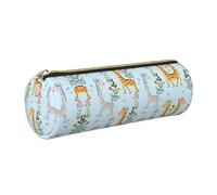 ESNAIUVCD Cute Giraffe Flowers Print Leather Cylindrical Zipper Pencil Case -Pu Leather, Multifunctional Stationery Storage, Suitable for Students