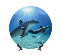 ESNAIUVCD Dolphins in The Sea Print Bone China Decorative Plate Ceramic Plates Printed Round Dinner Plates Crafts with Display Stand