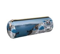 ESNAIUVCD Greece White House Print Leather Cylindrical Zipper Pencil Case -Pu Leather, Multifunctional Stationery Storage, Suitable for Students
