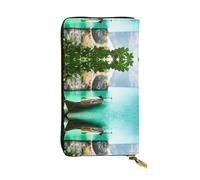 ESNAIUVCD Green Lake Boat Print Genuine Leather Women's,Men's Wallets,Multi-Functionclutch Purse,Zip Around Large Travel â€‹Mobile Phone Long â€‹Money Purses
