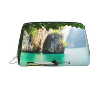 ESNAIUVCD Green Lake Boat Print Makeup Bag, Cosmetic Bag,Women Pu Leather Cosmetic Bags with Wrist Strap Travel Toiletry Pouch Makeup Bag