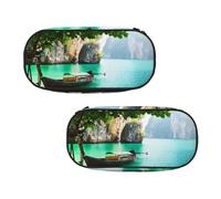 ESNAIUVCD Green Lake Boat Print Portable Pencil Pen Case Print Stationery Storage Bag Pouch Purse for Teenage Boys Student