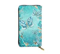 ESNAIUVCD Light Blue Butterfly Print Genuine Leather Women's,Men's Wallets,Multi-Functionclutch Purse,Zip Around Large Travel â€‹Mobile Phone Long â€‹Money Purses