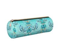 ESNAIUVCD Light Blue Butterfly Print Leather Cylindrical Zipper Pencil Case -Pu Leather, Multifunctional Stationery Storage, Suitable for Students