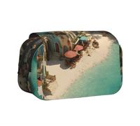 ESNAIUVCD Mediterranean Style Beach Print Large Capacity Double Layer Pen Bag,Suitable for Boys, Girls and Adults,This Office Pen Bag with Compartment Design