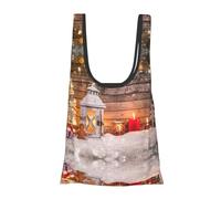 ESNAIUVCD Merry Christmas Wooden Board Candle Deer Print Reusable, Foldable,Washable Grocery Bags Foldable In A Pouch Eco Tote Shopping Bag,Daily Shopping Loading