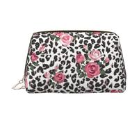 ESNAIUVCD Pink Cute Rose Mix Leopard Pattern Print Makeup Bag, Cosmetic Bag,Women Pu Leather Cosmetic Bags with Wrist Strap Travel Toiletry Pouch Makeup Bag