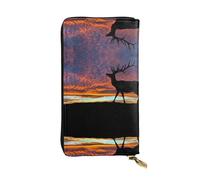 ESNAIUVCD Red Deer Bull Elk Sunset Print Genuine Leather Women's,Men's Wallets,Multi-Functionclutch Purse,Zip Around Large Travel â€‹Mobile Phone Long â€‹Money Purses