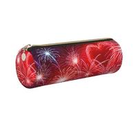 ESNAIUVCD Red Hearts Fireworks Print Leather Cylindrical Zipper Pencil Case -Pu Leather, Multifunctional Stationery Storage, Suitable for Students