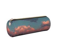 ESNAIUVCD River and The Great Sky Print Leather Cylindrical Zipper Pencil Case -Pu Leather, Multifunctional Stationery Storage, Suitable for Students
