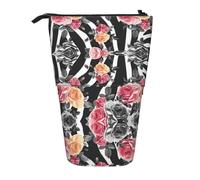 ESNAIUVCD Roses Flower Floral Zebra Stripes Print Personalized Retractable Pencil Case, Custom Signature Name Pencil Pouch for Students Kids Adults for School Office