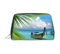 ESNAIUVCD Seaside Boat Coconut Leaves Print Makeup Bag, Cosmetic Bag,Women Pu Leather Cosmetic Bags with Wrist Strap Travel Toiletry Pouch Makeup Bag