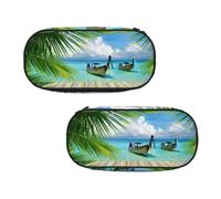 ESNAIUVCD Seaside Boat Coconut Leaves Print Portable Pencil Pen Case Print Stationery Storage Bag Pouch Purse for Teenage Boys Student