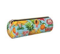 ESNAIUVCD Tropical Fruits and Flowers Print Leather Cylindrical Zipper Pencil Case -Pu Leather, Multifunctional Stationery Storage, Suitable for Students