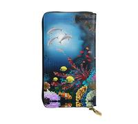 ESNAIUVCD Underwater Dolphins Coral Fish Print Genuine Leather Women's,Men's Wallets,Multi-Functionclutch Purse,Zip Around Large Travel â€‹Mobile Phone Long â€‹Money Purses