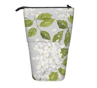 ESNAIUVCD White Flower and Green Leaves Print Personalized Retractable Pencil Case, Custom Signature Name Pencil Pouch for Students Kids Adults for School Office