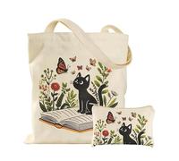 Esoes 2 Pack Cute Cat Canvas Tote Bag with Makeup Pouch for Women Girls