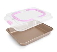 EsOfficce Rectangular Cake Pan with Lid, 9 x 13 Inch Baking Pan With Lid and Handle, Nonstick Bakeware Bake & Roast & Cook Carrier Pan, Champagne