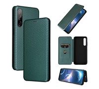 ESONG Carbon Fibre Phone Case for HTC Desire 22 Pro, with Magnetic Closure and ID Card Holder Slot case,Scratch-Resistant Carbon Fibre PC + Shockproof TPU + Free Stand - Green