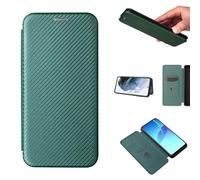 ESONG Carbon Fibre Phone Case for Motorola Edge 50 Neo, with Magnetic Closure and ID Card Holder Slot case,Scratch-Resistant Carbon Fibre PC + Shockproof TPU + Free Stand - Green