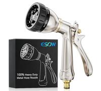 ESOW Garden Hose Nozzle HA-02, 100% Heavy Duty Metal, 8 Watering Patterns, Rear Trigger Design, Silver, High Pressure Sprayer for Plants, Car & Pet Washing