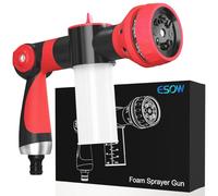 ESOW Garden Hose Nozzle, High Pressure Foam Sprayer Gun 8 Way Spray Pattern with 3.5oz/100cc Soap Dispenser Bottle, Snow Foam Gun for Car Wash, Watering Plants, Lawn, Patio, Red