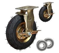 ESOYAWE 8" 10" Heavy Duty Swivel Caster Wheel, Rubber Pneumatic Caster Wheel With Side Brakes, Double Ball Bearing Fixed Industrial Caster, Commercial/Industrial Application (2 Pack)