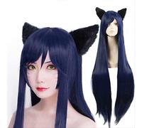 ESPADE Game LOL Ahri 100cm Long Dark Blue Wig The Nine-Tailed Fox Women Heat Resistant Hair Cosplay Costume Wigs + Ears Cosplay Anime Wig Coser
