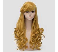 ESPADE Princess Aurora Wig Long Golden Wavy Styled Bangs Heat Resistant Synthetic Hair Cosplay Costume Wigs + Wig Cap Cosplay Anime Wig Coser