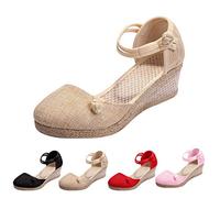 Espadrilles Womens Wedges Braided Sandals Women Mid Heeled Ankle Strap Shoes Retro Wide Fit Sandal Breathable Linen Slippers With Back Slip On Walking Sandal Closed Toe Outdoor Sliders