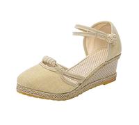 Espadrilles Women's with Heel, Wedge Heel Shoes with Closed Summer Shoes, Comfortable, Elegant, Mules, High Wedge Heel, Ankle Buckle Pumps, Shoes for Work, Travel and Everyday Use, 01Beige, 7 UK