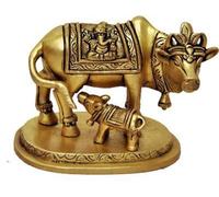 ESPLANADE Beautiful Lucky Figurine - 2.5" Brass Holy Kamdhenu Cow and Calf Sculpture | Holy Cow Brass Idol