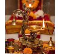 eSplanade - Brass Diya | Oil Lamp Deepam Kuthu Vilakku | Lamps for Home and Office (Peacock with Bell Lamp)