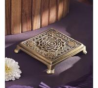 ESPLANADE Brass Engraved Pooja Chowki - 4 Inches Shree Yantra Design, Antique Peetha God’s Stool, Lotus Design Handcrafted Brass Patla for Home Pooja Mandir - Square
