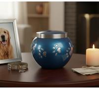 ESPLANADE Brass Pet Cremation Urn | Blue Paw Pattern | 30 lbs Capacity