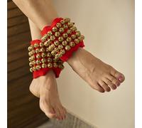 Esplanade Ghungroo Pad for Kathak, Brass 5-Line Ankle Bells, Velvet Pad with Adjustable Strap for Bharatanatyam and Classical Dance - Red