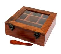ESPLANADE Masala Daani Spice Box with Transparent Top | Kitchen Set with Wooden Spoon Wooden Decorative Box | Spice Organizer (Dark Brown)