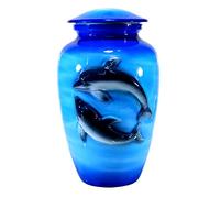 eSplanade Metal Cremation Urn Memorial Jar Pot Container | Full Size Urn for Funeral Ashes Burial | 3D Dolphin Printed | Blue-Black - 10" Inches