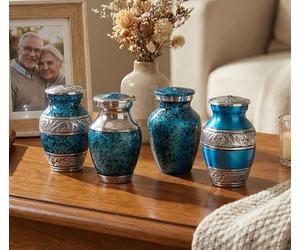 eSplanade Metal Mini Cremation Urn Keepsake Memorial Jar Pot Container - Set of 4 | Small Urns for Funeral Ashes Burial | Engraved and Textured Keepsakes | Blue - 3" Inches