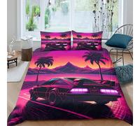 ESPLJQRYX 3D All Season Microfibre Retro car sunset Duvet Cover Set Soft Bedding Set with Pillow Cases Neon cyberpunk style Bed Quilt Cover Easy Care Breathable for Home Decor Single（135x200cm）