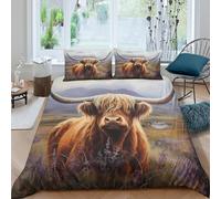 ESPLJQRYX 3D Print All Season Microfibre Highland cattle Quilt Cover Set Breathable Bedding Set with Pillow Cases Scottish landscape paint Duvet Cover Easy Care for Home Decor Single（135x200cm）