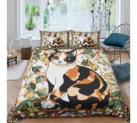 ESPLJQRYX Easy Care 3D Microfiber Calico cat sitting Duvet Cover Breathable Bedding Sets with Pillowcases Stylized embroidery Bed Quilt Cover All Season Soft for Home Decoration King（220x240cm）