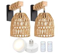 Espossi Battery Operated Wall Sconce, Boho Wall Sconces Battery Operated Set of 2, Rattan Battery Wall Sconce with Remote Control, Wireless Wall Light for Bedroom, Living Room, Entryway